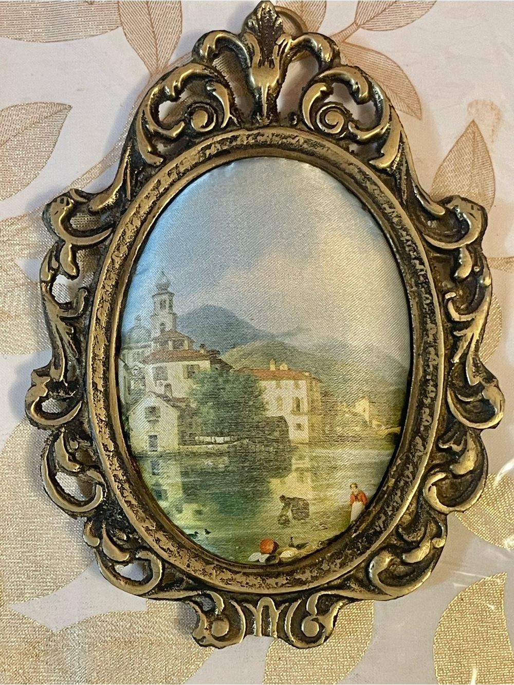 VTG Oval Framed Silk Screen Print Italian Landscape Scene brass Frame